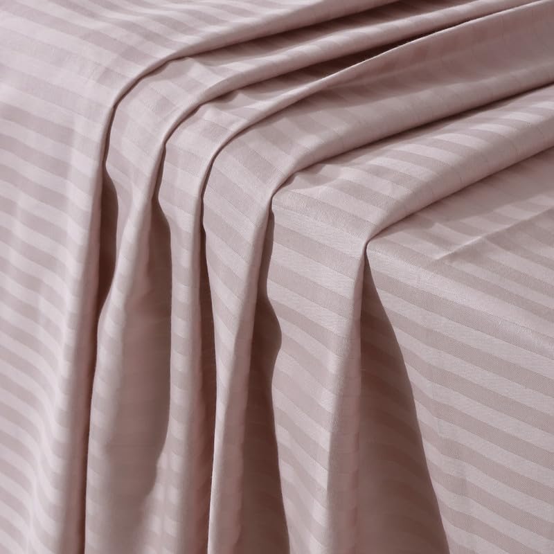 Image of NAKSH Elastic Fitted Bedsheets King Size 78 x 72 Inch, 210 TC Stripes Pure Cotton, Cameo Rose | 1 King Size Bedsheet with Elastic Fitted and 2 Pillow Covers