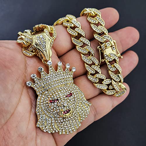 Iced Gold Plated Large Simulated Diamond King Crown Lion Bling Pendant & 13mm 16" 18" 20" 24" Cuban Chain Hip Hop Rapper Jewelry Necklace4