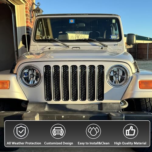 Image of Front Grill Inserts Compatible with Jeep TJ Wrangler & Wrangler Unlimited 1997-2006, Black Honeycomb Mesh Grille Cover Guard (Clip-in)