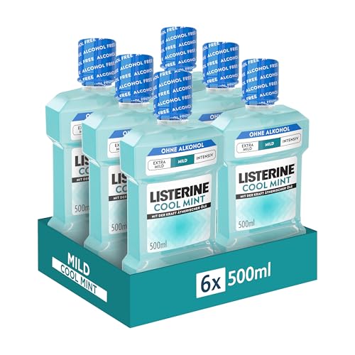 LISTERINE Cool Mint Mild 6 x 500 ml, antibakterielle Mundspülung mit ätherischen Ölen und ohne Alkohol, mildes Mundwasser bekämpft wirksam Bakterien, optimale Ergänzung zur täglichen Zahnpflege