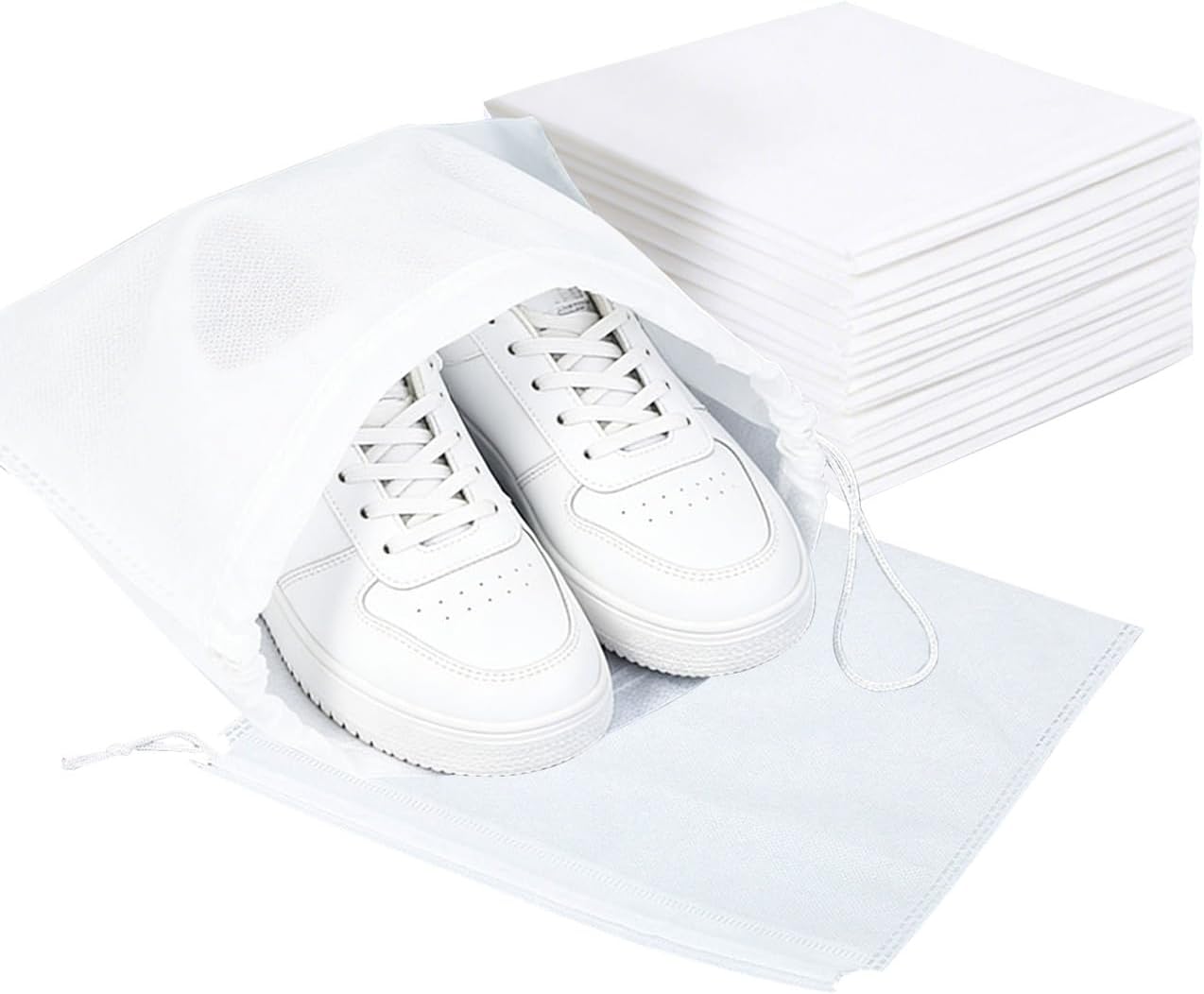 50 Pcs White Thickened Non-Woven Shoe Storage Bag, Drawstring Breathable Dustproof Pouch, Portable Organizer for Shoes, Boots, Purses, Travel & Home Use