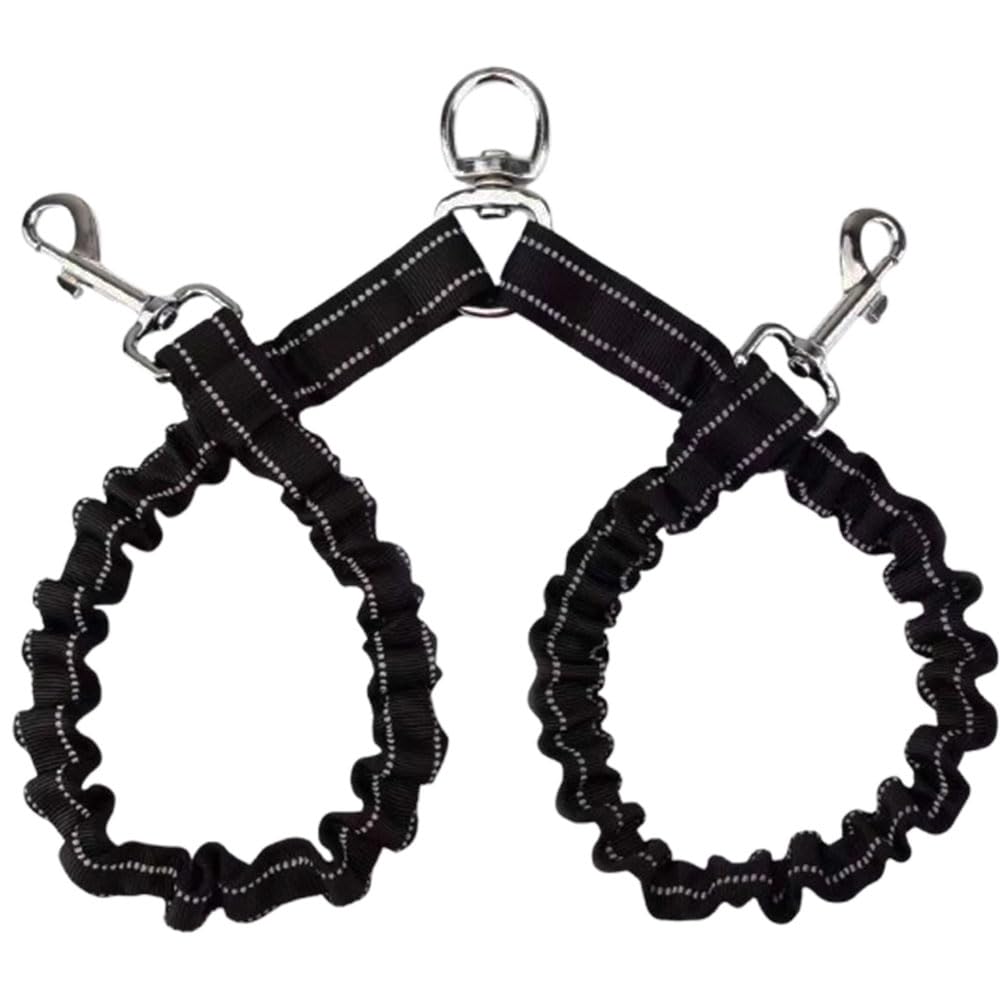Double Dog Leash No Tangle 360°Swivel Rotation Two 2 Splitter Adjustable Shock Absorbing Bungee Cord for Puppy Walks Black
