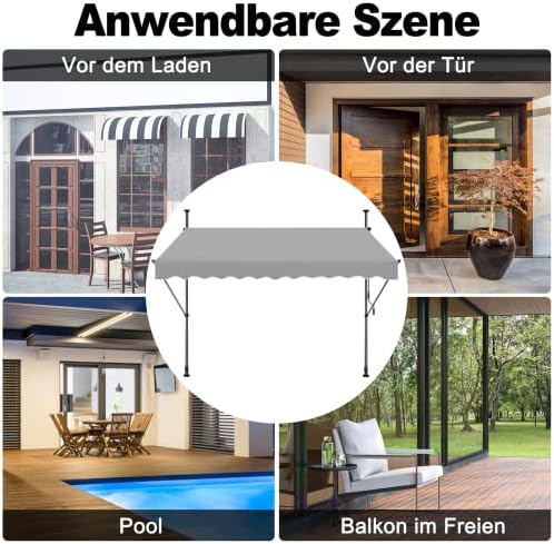 Froadp 300×120cm Retractable Manual Clamp Awning with Height Adjustable Hand Crank Waterproof Sun protection Telescopic Canopy with PU Coating UV resistant for Balconies Patio Porch(Light Grey)