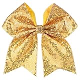 ZOLYCO Large Glitter Cheer Bows Clips, Jumbo Big 7 Inch Cheerleading Sequin Hair Bow Hair Accessories for Teens Girls Football Sports Cheerleader Outfit Uniform (Yellow)