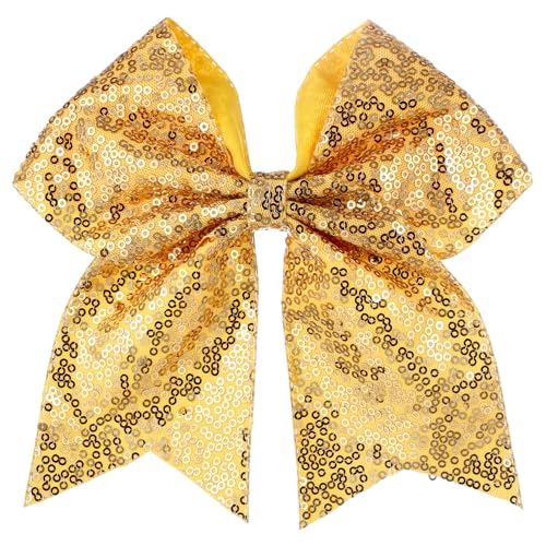 ZOLYCO Large Glitter Cheer Bows Clips, Jumbo Big 7 Inch Cheerleading Sequin Hair Bow Hair Accessories for Teens Girls Football Sports Cheerleader Outfit Uniform (Yellow)