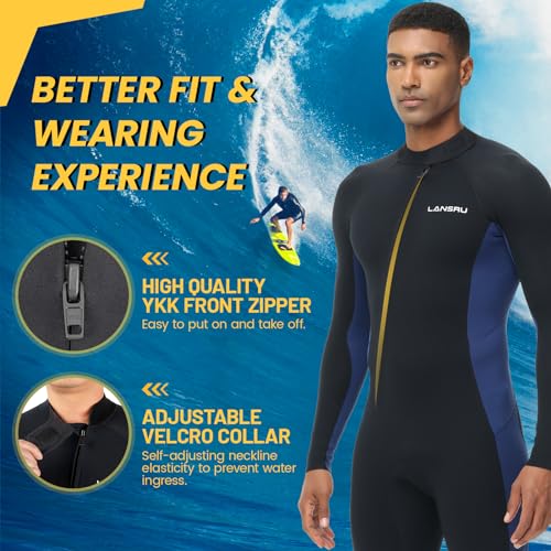Lansru Men Wetsuit, 5/4mm Upgrade CR Neoprene Wetsuits for Men, Ideal Thermal Wet Suit in Cold Water, Front Zip for Surfing Snorkeling Diving Swimming by Lansru - Image 6