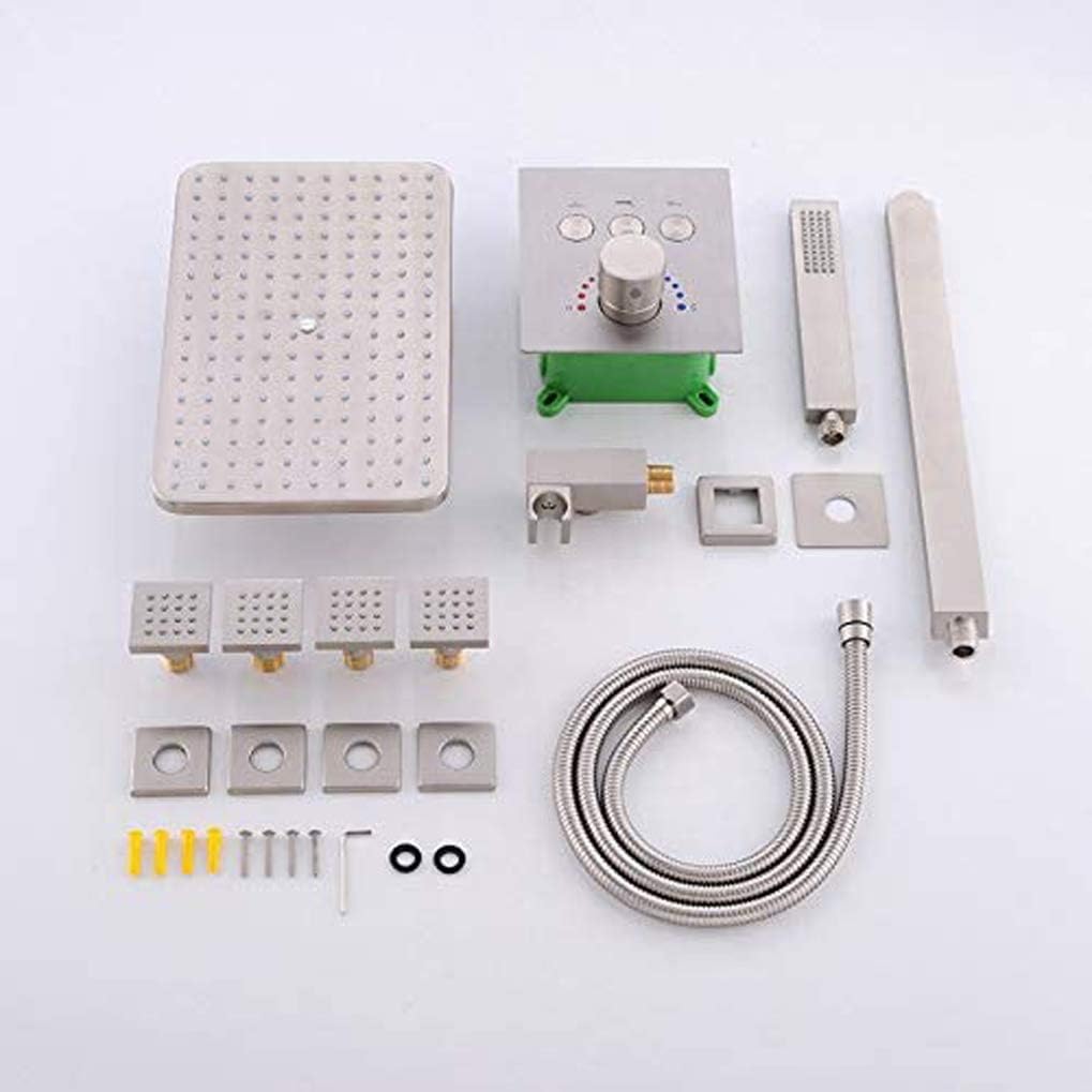DASHADAO Shower System, Thermostatic Brass Ceiling Mount Rectangular 12 x 8 Inch Air Pressure Rainfall Shower System with 4 pcs Body Jets Mixer Bathroom Shower Set,Brushed Nickel