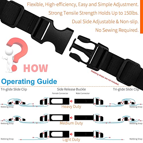 Buckles For Straps 1": Side Release Buckle Plastic Clip 10 Set + Tri-Glide Slide 20 Pcs Fit 1 Inch Wide Nylon Webbing Canvas Strap, Heavy Duty Replacement Backpack Dog Collar, Dual Adjustable No Sew #TOP3