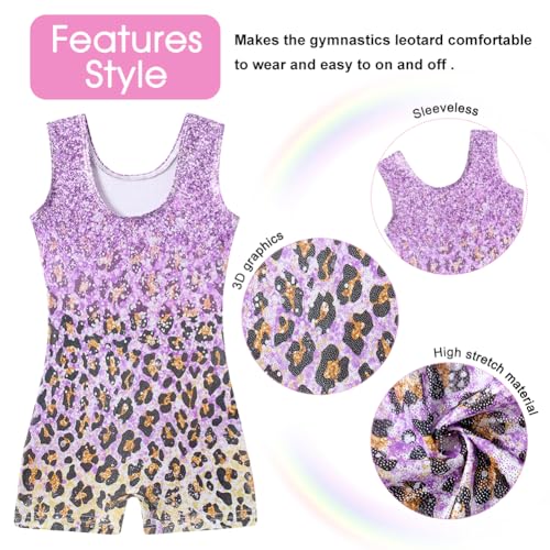 uideazone Dance Leotards for Girls Size 7 Size 8 Sparkly Cool Diamond One-piece Purple Gradient Leopard Gymnastics Ballet Bodysuit Quick Dry Athletic Unitards Outfits - Thumbnail 5
