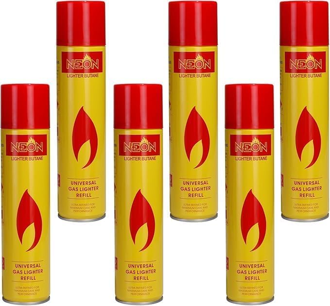 NEON Butane Fuel Refill, 300ml Ultra Refined Lighter Fluid, Premium 99.999% Pure Butane Gas with Metal Nozzle for Torch Lighter, Kitchen Torches, Refillable Lighters (6)
