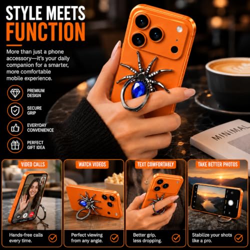 Image of Mizi Spider Phone Ring Holder Stand, 360 Rotating & 180 Flip Finger Grip Kickstand with 3M Adhesive, Zinc Alloy Rhinestone Phone Ring Holder for iPhone, Samsung & All Smartphones - Blue