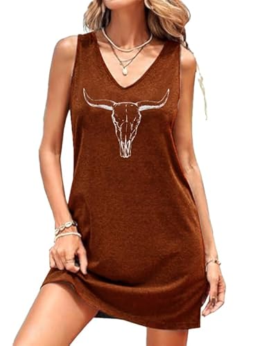 Western Dress for Women Rodeo Cowgirl Graphic Tees Vintage Country Concert Outfits Casual V Neck Tank Dress Brown