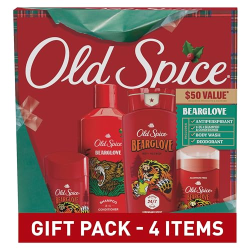 Old Spice Holiday Gift Pack for men Bearglove Scent Body Wash Aluminum Free Deodorant Body Spray and 2 in 1 Shampoo 24/7 Holiday Freshness 4-pack Gift Box for him Holidude Edition