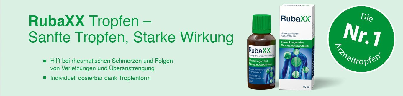 Rubaxx Tropfen Spar-Set 2x30ml. Zur Behandlung von rheumatischen Schmerzen in Gelenken, Muskeln, Knochen und Sehnen. Kann auch bei Folgen von Verletzungen und Überanstrengung angewendet werden