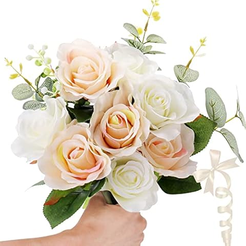 Artificial Silk Rose Flowers, 8 Pcs White and Blush Roses Faux Flowers Bouquets with 58" Ribbon and Eucalyptus, Fake Flowers for Vase Floral Arrangements Home Bridal Wedding Party DIY Decoration Cover