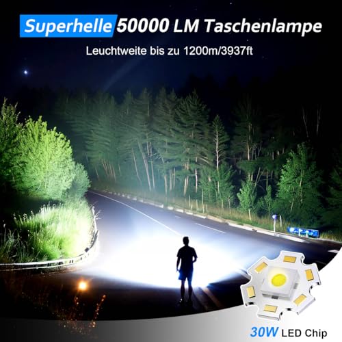 Taschenlampe LED Extrem Hell USB C Aufladbar 50000 Lumen 24 Stunden Akkulaufzeit Taschenlampen Zoombare Torch mit 5 Lichtmodi IP67 wasserdicht, Akku Flashlight Taktische für Camping Wandern Notfäll