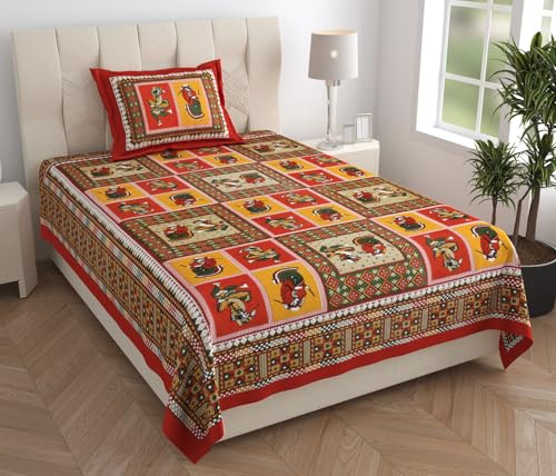 Image of Pure Cotton Single Bedsheet with 1 Pillow Cover, 220 TC Premium Jaipuri Bedsheet for Single Bed | 60x90 Inch - Multicolor Floral Print (Multicolor 14)
