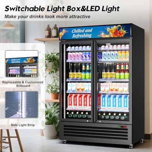 Image of Commercial Beverage Refrigerator with 2 Glass Door, 383L Display Fridge Beverage Cooler with Customizable Lightbox Adjustable Shelves, Drink Fridge Merchandiser for Restaurant Shop, Black