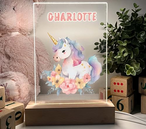 Lámpara de noche unicornio LED personalizada con base de madera miniatura 5