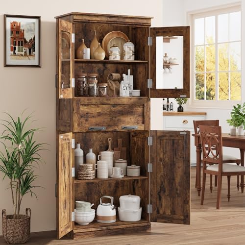 GAOMON 67" Tall Bathroom Cabinet with 4 Doors & Flip Glass Drawer, Storage Cabinet with Adjustable Shelves, Freestanding Organizer for Kitchen, Pantry, Living Room (Rustic Brown)