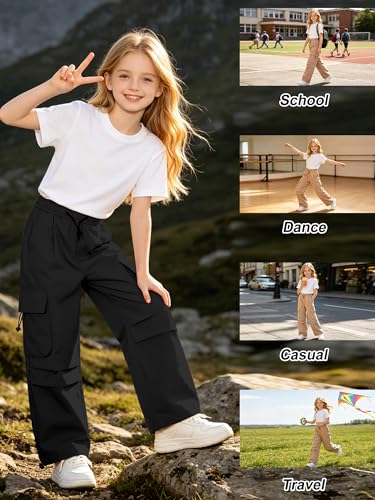 Image of SANGTREE Girls Parachute Pants Loose Lightweight Drawstring Waist Hip Hop Cargo Pants,6-16 Years