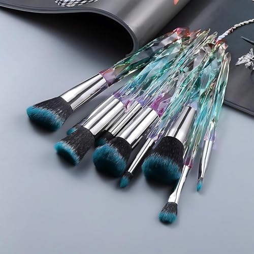 Image of Crystal Makeup Brush Set - 10 Piece Premium Synthetic Brushes with Iridescent Handles & Teal Bristles for Foundation, Blush, Eyeshadow, and Highlight - Professional Cosmetic Brushes Kit for Women & Girls