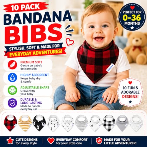 Image of KiddyStar Baby Bibs | Multi-Pack Organic Cotton Bandana Drool Bibs, Soft Absorbent Adjustable Bibs for Boys & Girls