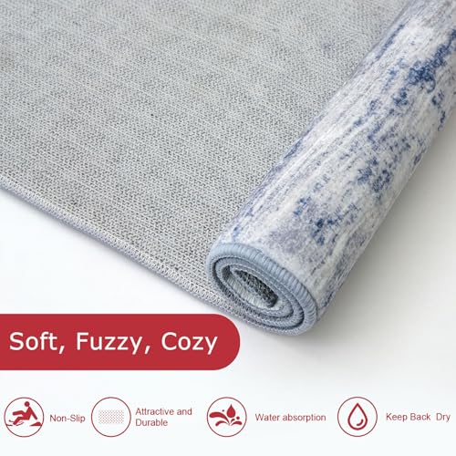 KOZYFLY Modern Abstract Washable Rug Runner 2x5 Hallway Rug Runner Non-Slip Soft Kitchen Runner Rugs, Distressed Grey-Blue Striped Carpet for Entryway Bathroom Laundry Room Foyer