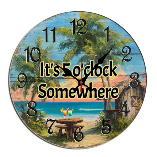 Horienteeon It's 5 o'Clock Somewhere Wall Clock Ti*Ki Bar Wooden Decorative Silent Non-Ticking Desk Clock Decorative For Living Room Home Office School Kitchen Wall Decoration Round 12"