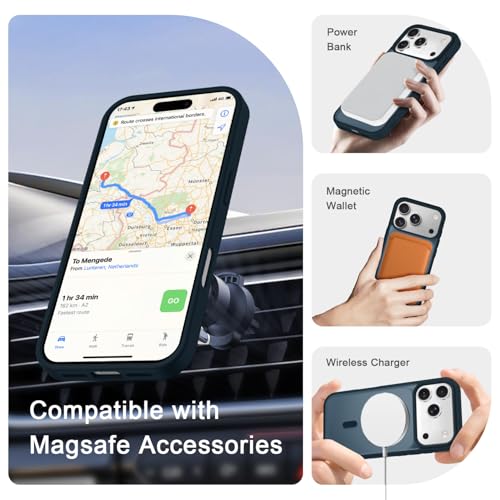 Image of YENAPOON for iPhone 17 Pro Max Case, Matte Magnetic Phone Cover [with 1 Screen Protector] [Support for MagSafe] [Shockproof Military Grade Protection] Translucent Frosted Back, Navy Blue