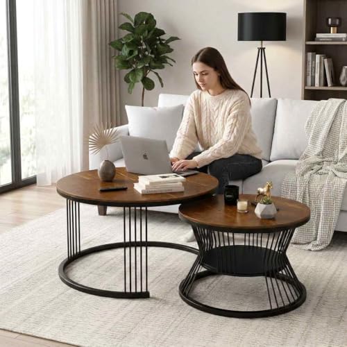 Image of NEST NATURE HAVEN Wrought Iron Frame 19.5 inch x 19.5 inch Round Coffee Table: Set of,2 Piece MDF Top Industrial Design Stacking Nesting Table - for Living Room,or Lounge Home Decor Furniture (Black & Brown)