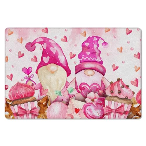 Jolunifun Pink Valentine's Gnomes Kitchen Bath Door Mat Cushioned Runner Rug,Washable Welcome Floor Sink Antifatigue Mat,Waterproof & Non-Slip Comfort Standing Doormat,Dessert Heart Love Word 18