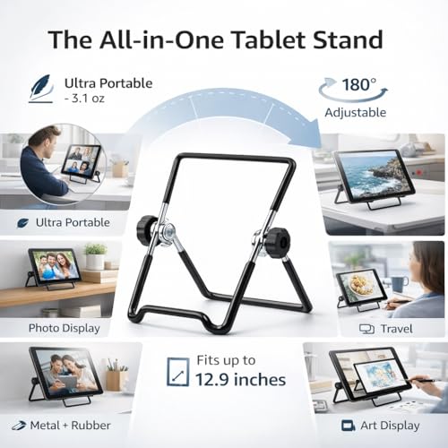 Image of Mizi Adjustable Tablet Stand Holder - Foldable Non-Slip Desk Cradle for 9-12.9 inch Tablets, iPad, Samsung Galaxy Tab, Kindle Fire & More - Multi-Angle Display Stand for Tablets, Photos & Frames - Black