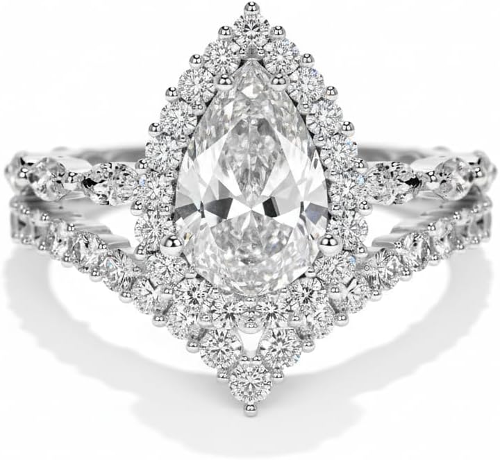 1.5 Carat Pear Cut Moissanite Engagement Ring set for Women S925 Sterling Silver 18K Gold Plated Bridal Set Ring(VVS1 D Color)