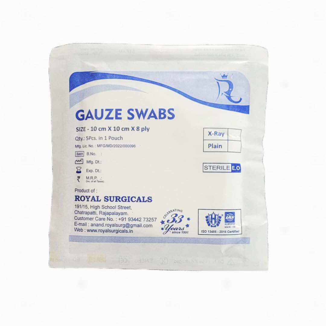 Royal Surgicals Sterile Absorbent Cotton Gauze Swab |(10cm x 10cm x 8ply) (5 pcs per pack) (10 pack) Gauze Swab for Wound Dressing/First Aid/Home