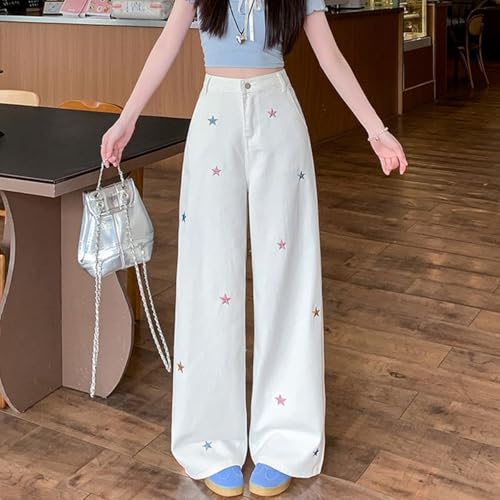 Women's Kawaii Casual Straight Leg High Waisted Jeans Y2K Fashion Cute Colorful Star Embroidered Denim Pants2