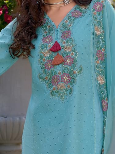 Image of INDO ERA Women's Pure Cotton Floral Embroidered Straight Kurta & Pant with Dupatta Set | Cotton Kurta Set For Woman