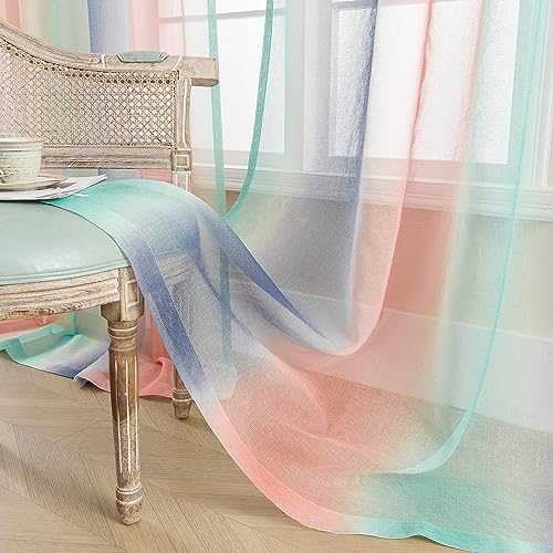 Image of XiDi Grey Pink and Green Curtains for Bedroom Girls Room Decor,Ombre Window Semi Sheer Curtains for Nursery Kids Room 96 Inch Length 2 Panels