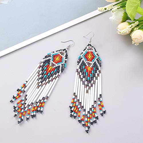 Coeufuedy Long Beaded Tassel Earrings Bohemian Fringe Drop Handmade Seed Bead Statement Earring for Women Girls2
