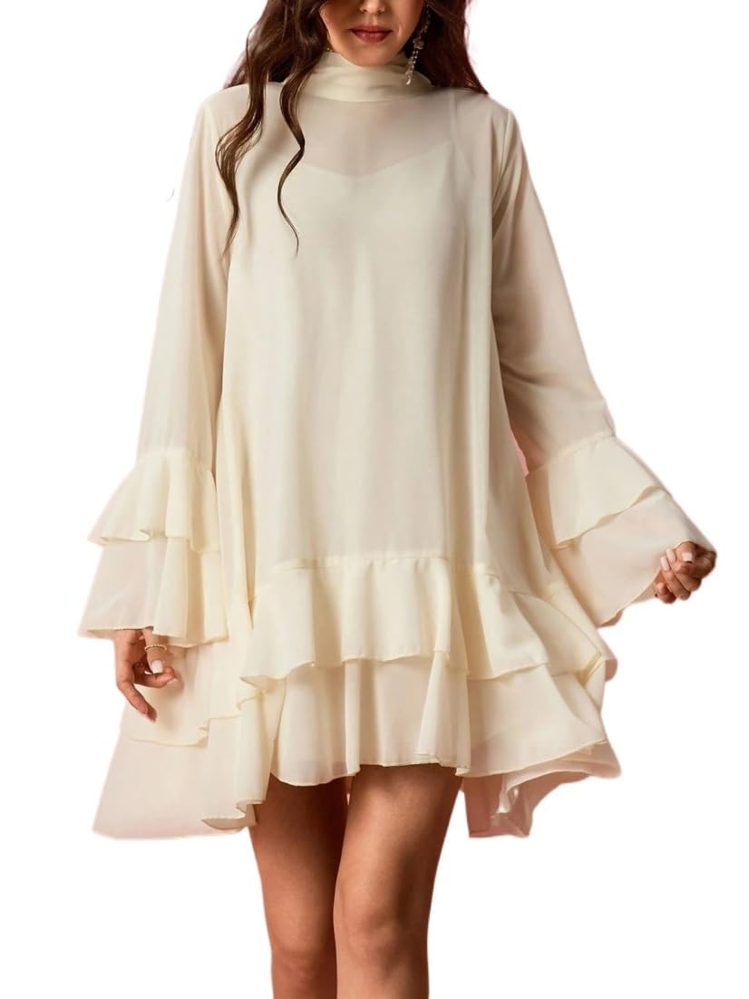 Womens Dress Outfits Clothes Solid Color Flared Sleeve Bowknot Ruffle Hem Elegant Dresses