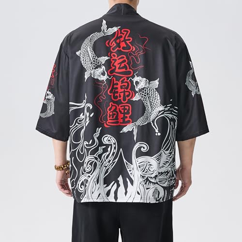 Image of PRIJOUHE Men's Lightweight Kimono Jacket Seven Sleeve Open Front Cardigan Coat Japanese Style Bathrobe