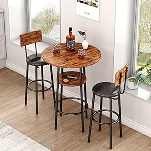 KIVENJAJA 3-Piece Bar Table Set for 2, Small 2-Tier Round Bistro Pub Dining Table & PU Upholstered Stools with Backrest, Counter Height Table and Chairs Set for Kitchen Small Space, Rustic Brown