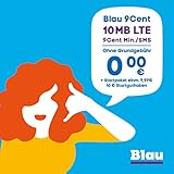 Blau 9 Cent (SIM, Micro-SIM und Nano-SIM), ohne Vertragslaufzeit, 10 MB/Monat mit LTE, nur 9 Cent/Min. in alle dt. Netze, 0€/Monat, inkl. 10€ Startguthaben, O2 Netz
