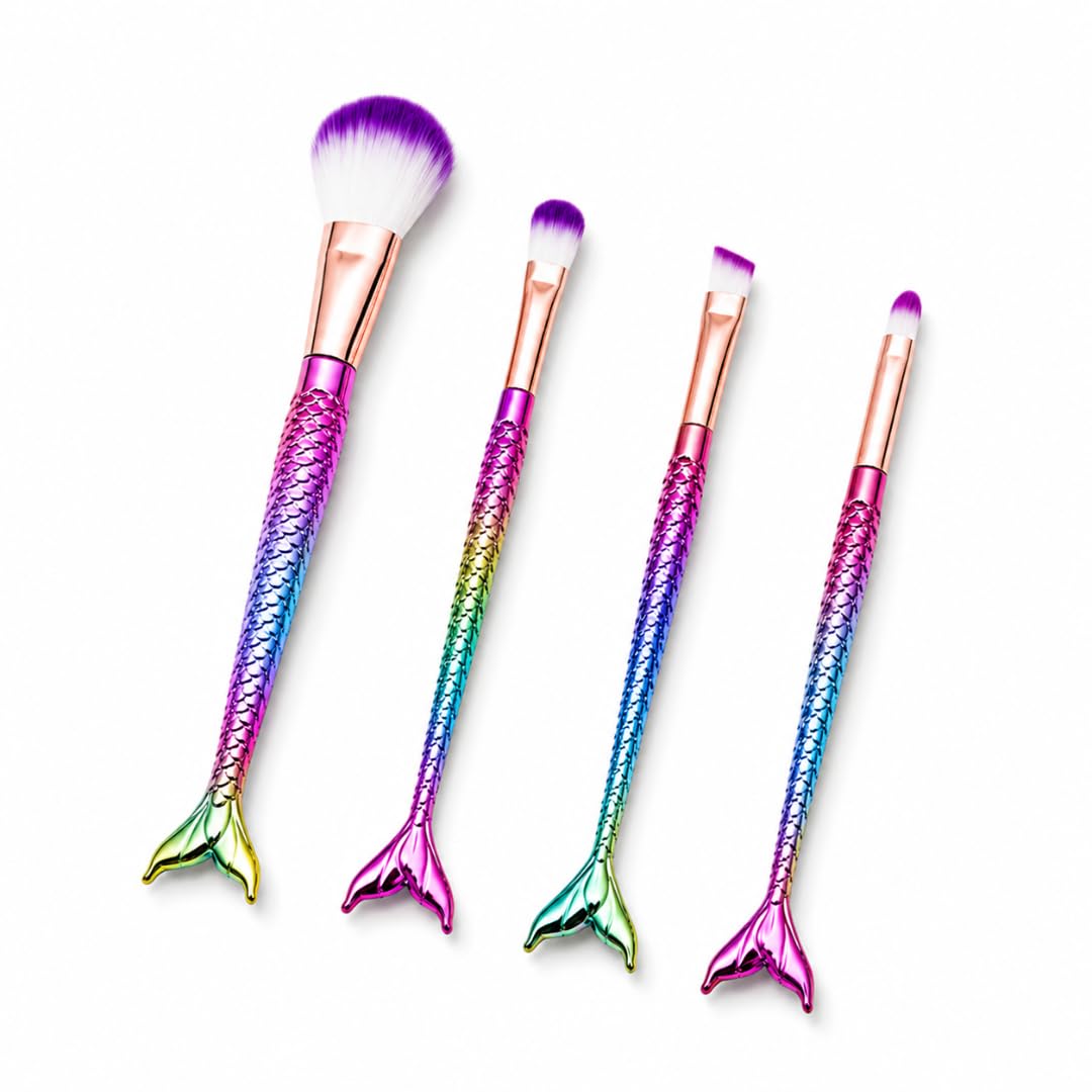 mermaid makeup brush set of 4, rainbow fish tail cosmetic brushes for foundation powder eyeshadow concealer eyebrow makeup, soft synthetic bristles beauty tool kit for girls women beginners travel gift set