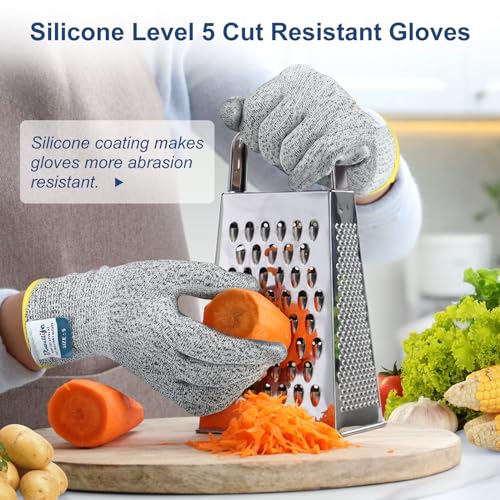 Image of Dowellife Level 5 Cut Resistant Gloves with Silicone Coating, Food Grade Kitchen Knife Safety Gloves, Work Gloves for Chef, Mandoline Oyster Shucking Meat Cutting Wood Carving (Gray Small)