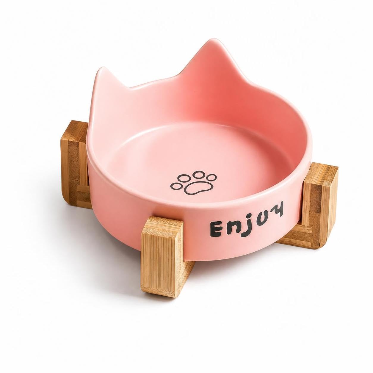 Cuenco de cerámica con orejas de gato y soporte ergonómico de madera maciza 1