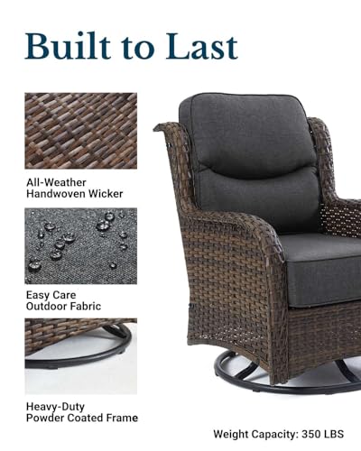 HILLGA Luxury Patio Furniture Set with 6-inch Thick Cushion, Outdoor High Back Swivel Rocker Patio Chairs, 5PCS Wicker Conversation Set for Deck Yard and Poolside, Dark Grey (V2)