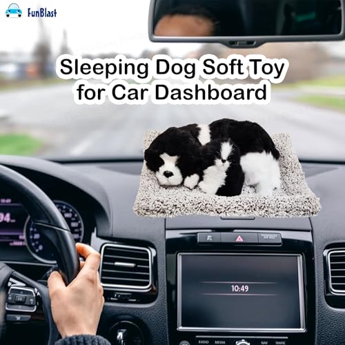 Image of FunBlast Sleeping Cute Dog with Puppy - Realistic Soft & Lifelike Pet Puppy with Bed for Car Dashboard and Home Decor, Sleeping Dog Soft Toy (Black)