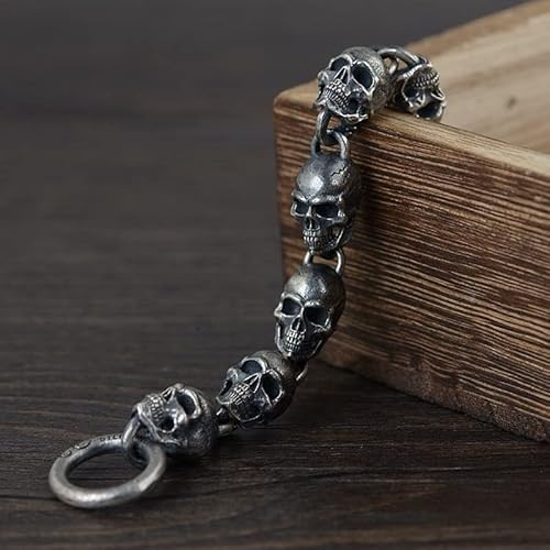 Silver Skull Bracelet, 925 Sterling Silver Mens Womens Skull Jewelry Heavy Chunky Gothic Bracelets Jewelry, Skull Chain Bracelet Dark Silver (Silver, Length 20Cm) #TOP2