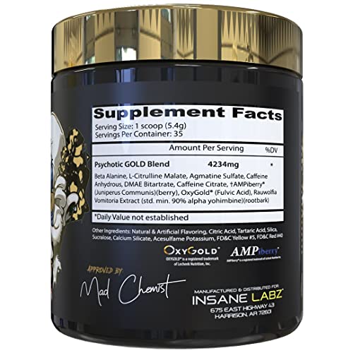 Insane Labz Psychotic Gold, High Stimulant Pre Workout Powder, Extreme Lasting Energy Focus, Pumps and Endurance with Beta Alanine, DMAE Bitartrate, NO Booster (35 Servings, Orange)